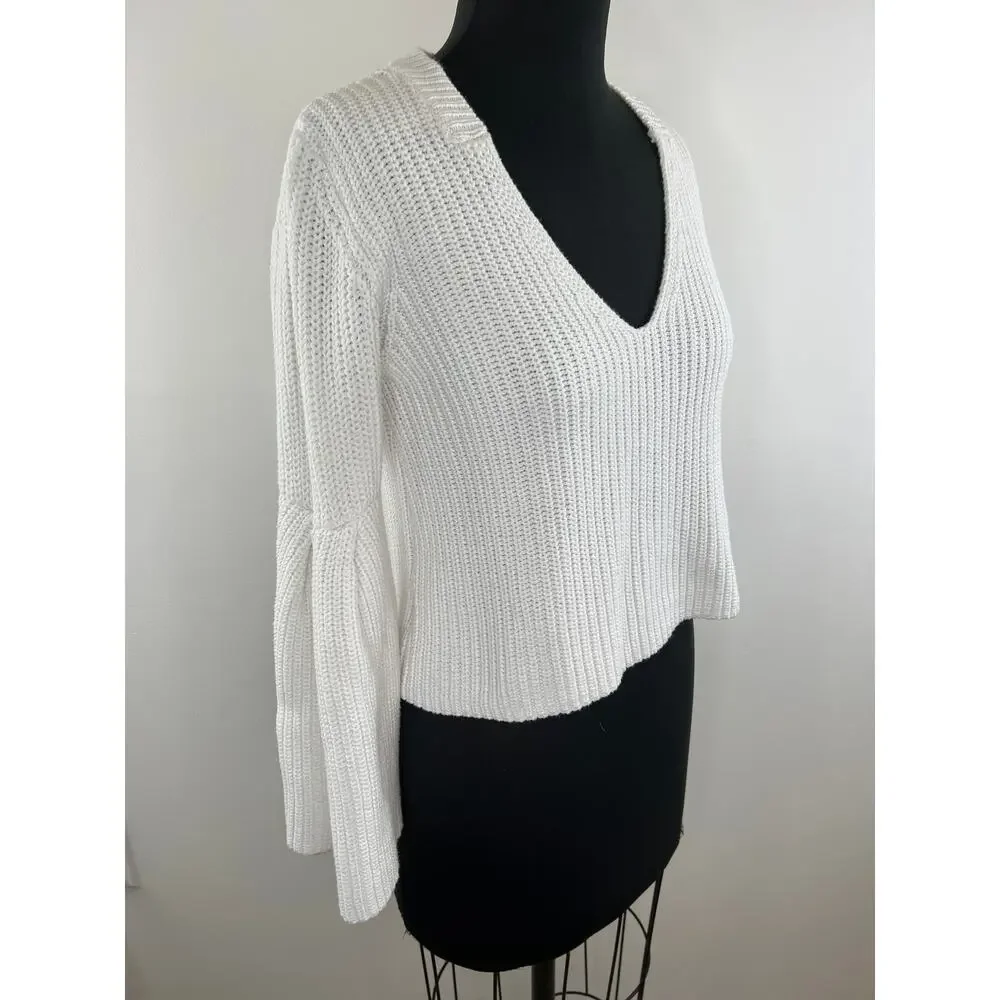 Free People White Bell Sleeve Ribbed Damsel Cable Knit Cotton Sweater Size M